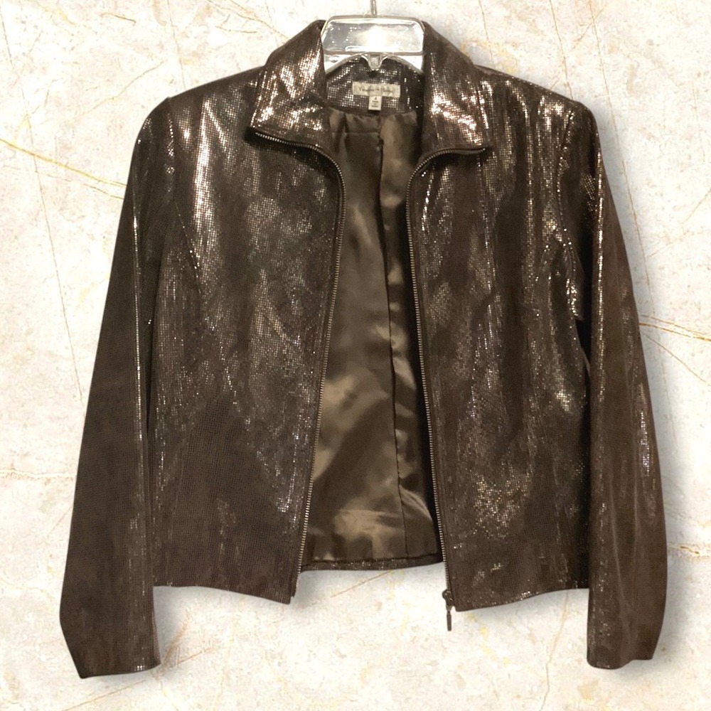 Yvonne Marie Women's Leather Brown Sequin Zip Up Jacket Blazer Size 4‎